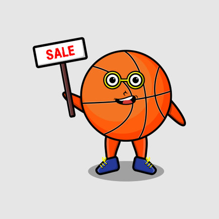 Cute cartoon basketball character holding sale sign designs in concept 3d cartoon styleのイラスト素材