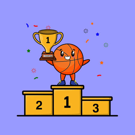 Cute cartoon basketball as the first winner with happy expression in 3d modern style designのイラスト素材