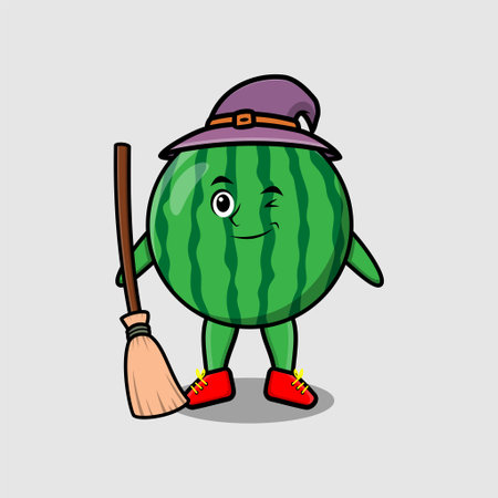 Cute cartoon witch shaped watermelon character with hat and broomstickのイラスト素材