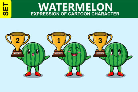 Set of cute cartoon watermelon holding trophy with happy expression in 3d modern style designのイラスト素材
