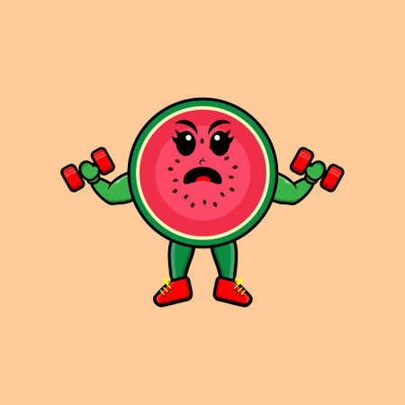 Cute cartoon watermelon character is fitness with barbell in modern style designのイラスト素材
