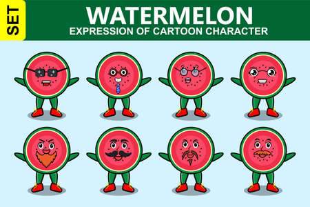 Set kawaii watermelon cartoon character different expressions of cartoon face vector illustrationsのイラスト素材