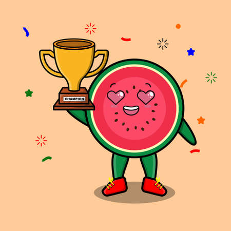 Cute Cartoon character illustration of watermelon is holding up the golden trophyのイラスト素材