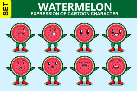 Set kawaii watermelon cartoon character different expressions of cartoon face vector illustrationsのイラスト素材