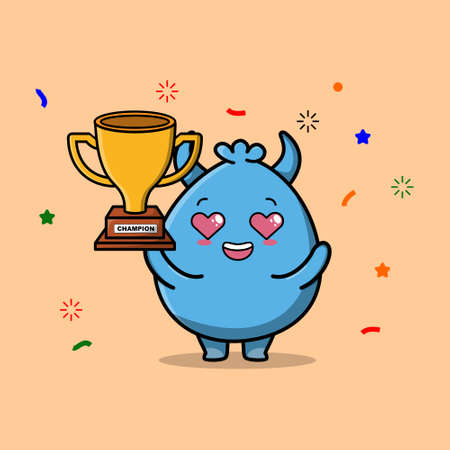 Cute Cartoon character illustration of goblin monster is holding up the golden trophyのイラスト素材