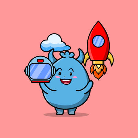 Cute mascot cartoon character Goblin monster as astronaut with rocket, helm, and cloudのイラスト素材