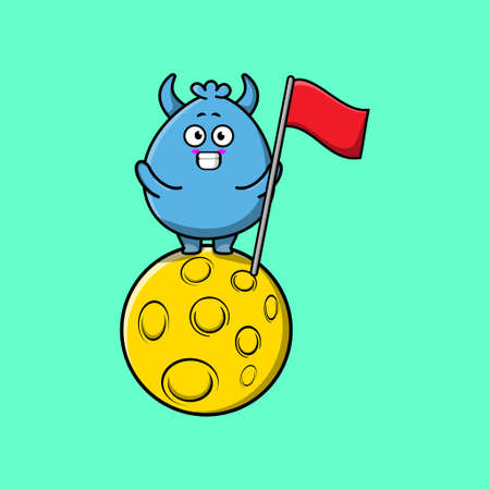 Cute cartoon Goblin monster chef character standing on the moon with flag in 3d modern designのイラスト素材