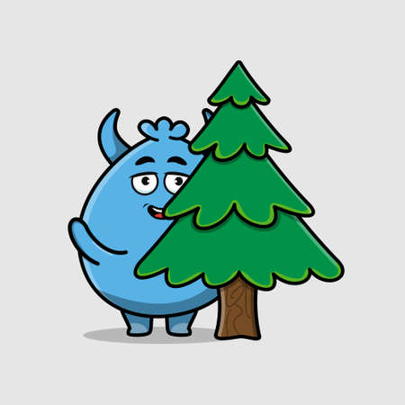 Cute cartoon Goblin monster character hiding tree in 3d modern designのイラスト素材