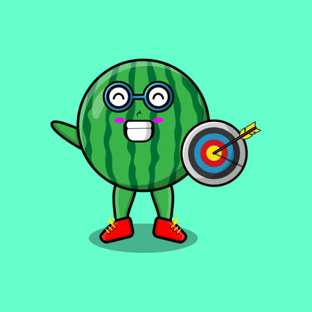 Cute cartoon watermelon businessman holding target and arrow with happy expression in 3d modern style designのイラスト素材