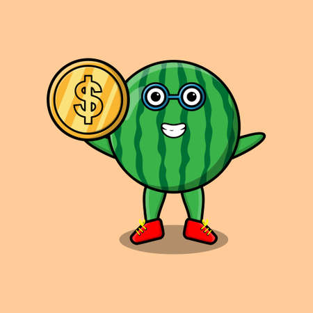 Watermelon successful businessman holding gold coin cartoon vector imageのイラスト素材