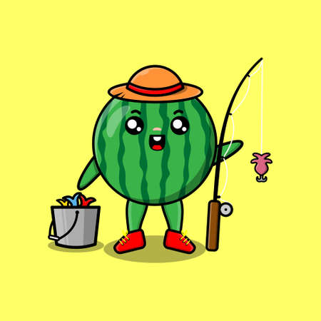 Cute cartoon watermelon ready fishing wearing fishing equipment cartoon character in concept 3d cartoon styleのイラスト素材