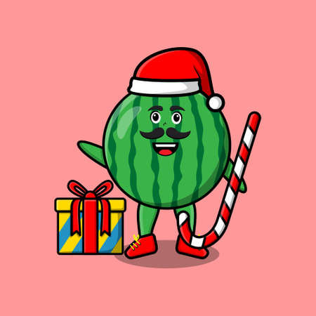 cute cartoon watermelon santa clause character is bringing candy cane and boxes christmas illustration in concept 3d cartoon styleのイラスト素材
