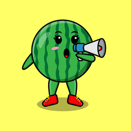 Cute Cartoon watermelon character speak with megaphone in 3d cartoon style conceptのイラスト素材