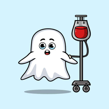Cute cartoon illustration of ghost having blood transfusion with cute modern style design for t-shirt, sticker, logo elementのイラスト素材