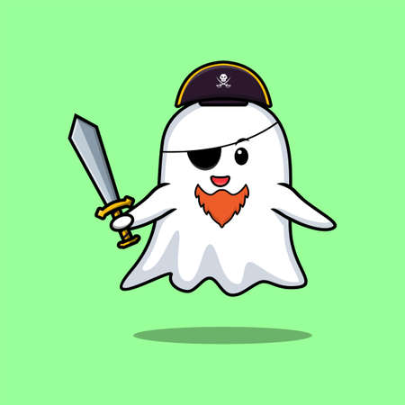 Cute cartoon mascot character ghost pirate with hat and holding sword in modern designのイラスト素材