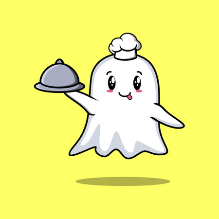 Cute Cartoon chef ghost mascot character serving food on tray cute style designのイラスト素材