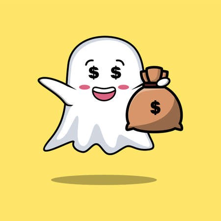 Cute cartoon Crazy rich ghost with money bag shaped funny in modern design for t-shirt, sticker, logo elementのイラスト素材