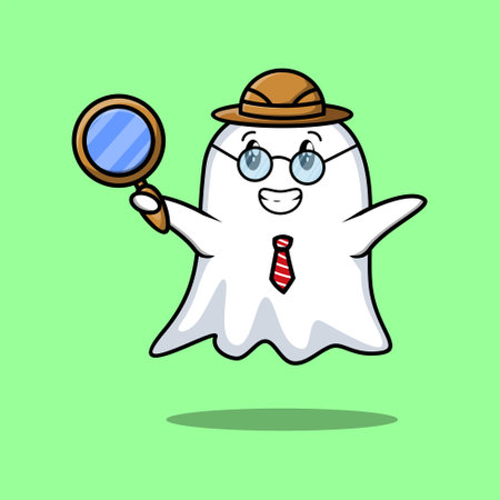 Cute cartoon character Ghost detective is searching with magnifying glass and cute style design for t-shirt, sticker, logo elementのイラスト素材