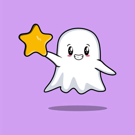 Cute cartoon ghost character holding big golden star in cute modern style designのイラスト素材