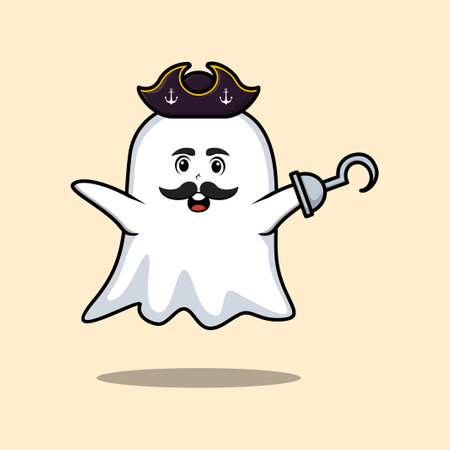 Cute cartoon pirate ghost with hook hand in 3d modern style designのイラスト素材