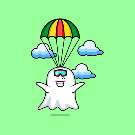 Cute mascot cartoon Ghost is skydiving with parachute and happy gesture cute modern style designのイラスト素材