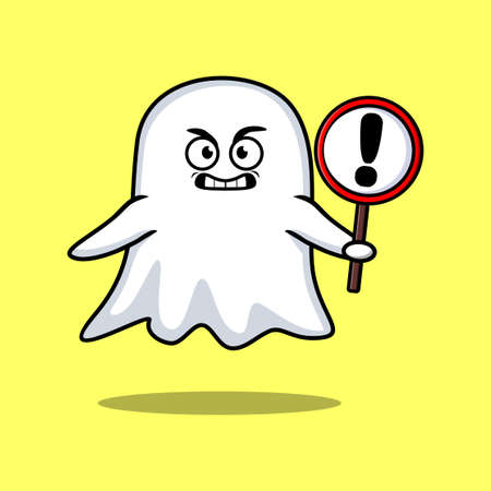 Cute cartoon illustration ghost with exclamation sign board vector image cute modern style designのイラスト素材
