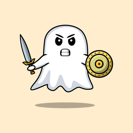 Cute cartoon character Ghost holding sword and shield in cute modern styleのイラスト素材