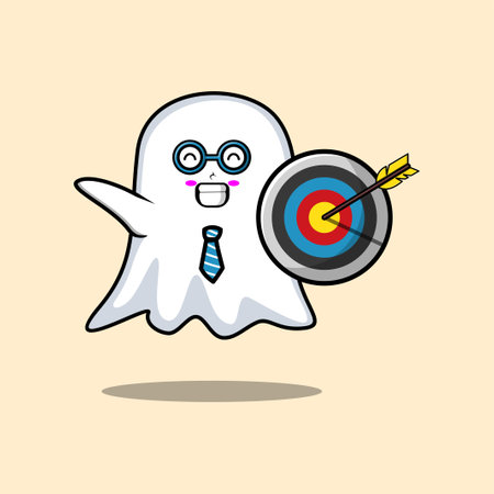 Cute cartoon ghost businessman holding target and arrow with happy expression in 3d modern styleのイラスト素材