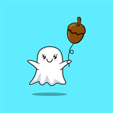 Cute cartoon ghost floating with ghost acorn balloon cartoon vector illustration in concept 3d cartoon styleのイラスト素材