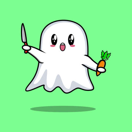 Cute cartoon ghost character holding knife and carrot in modern style designのイラスト素材