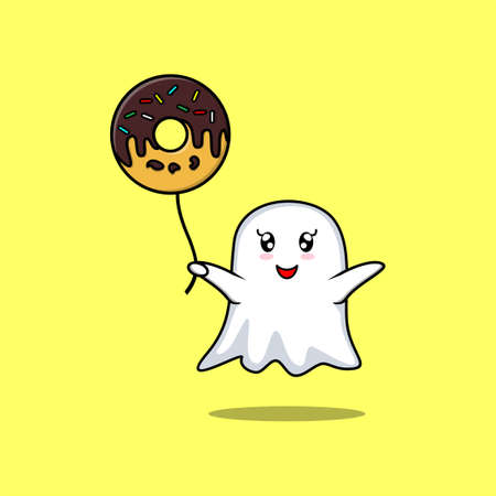 Cute cartoon ghost floating with donuts balloon cartoon vector illustration in concept 3d cartoon styleのイラスト素材