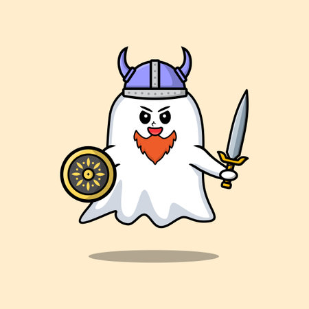 Cute cartoon character Ghost viking pirate with hat and holding sword and shield in cute modern styleのイラスト素材