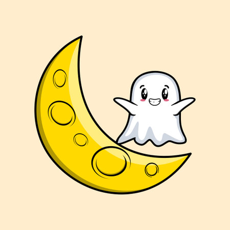 Cute cartoon Ghost character standing on the crescent moon in 3d modern designのイラスト素材