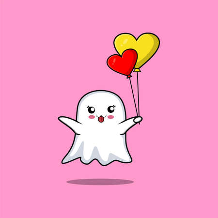 Cute cartoon ghost floating with love balloon cartoon vector illustration in concept 3d cartoon styleのイラスト素材