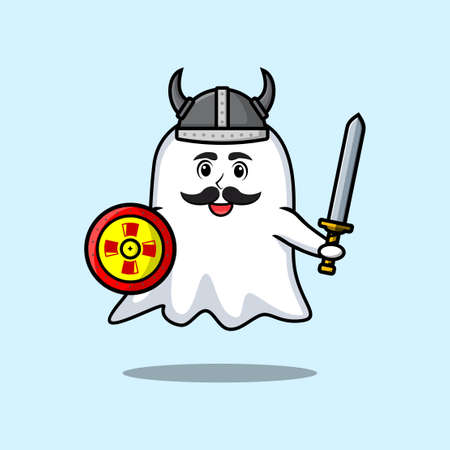 Cute cartoon character Ghost viking pirate with hat and holding sword and shield in cute modern styleのイラスト素材