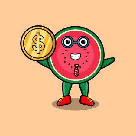 Watermelon successful businessman holding gold coin cartoon vector imageのイラスト素材
