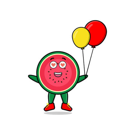 Cute cartoon watermelon floating with balloon cartoon vector illustration in concept 3d cartoonのイラスト素材