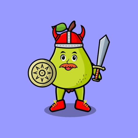 Cute cartoon character Pear fruit viking pirate with hat and holding sword and shieldのイラスト素材