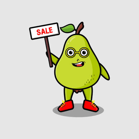 Cute cartoon pear fruit character holding sale sign designs in concept 3d cartoon styleのイラスト素材