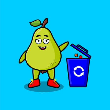 Cute cartoon pear fruit throwing trash in the trash in 3d modern style designのイラスト素材