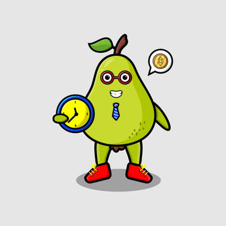 Cute cartoon pear fruit character holding clock with happy expression in concept 3d cartoon styleのイラスト素材