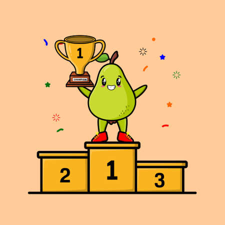 Cute cartoon pear fruit as the first winner with happy expression in 3d modern style designのイラスト素材