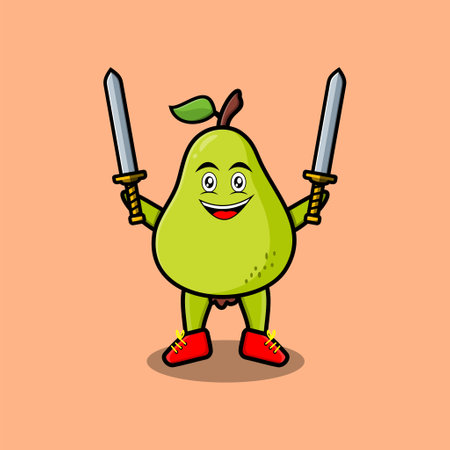 Cute cartoon Pear fruit character holding two sword in 3d modern designのイラスト素材
