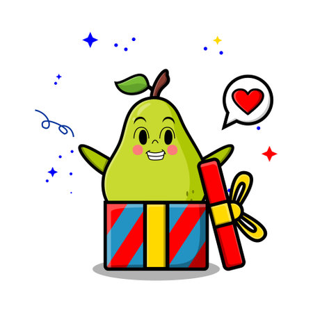 Cute cartoon pear fruit character coming out from big gift box look so happy in concept 3d cartoon styleのイラスト素材