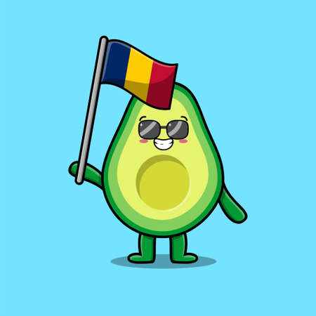 Cute cartoon Avocado mascot character with Rumania flag in modern designのイラスト素材