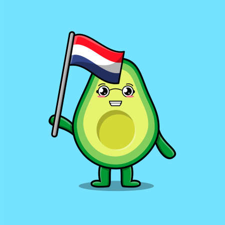 Cute cartoon Avocado mascot character with flag of Netherlands country in modern designのイラスト素材