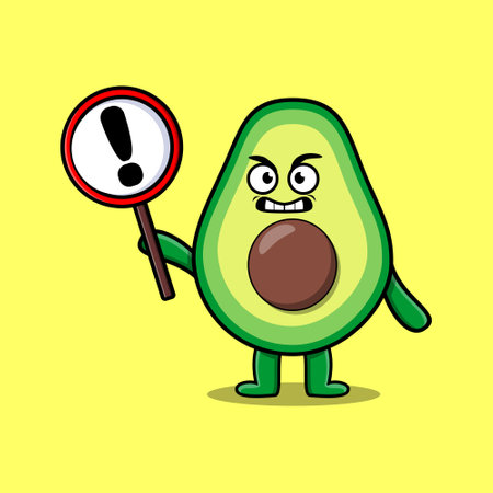 Cute cartoon illustration avocado with exclamation sign boardのイラスト素材