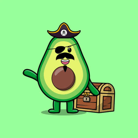 Cute cartoon character Avocado pirate with treasure box in modern style designのイラスト素材