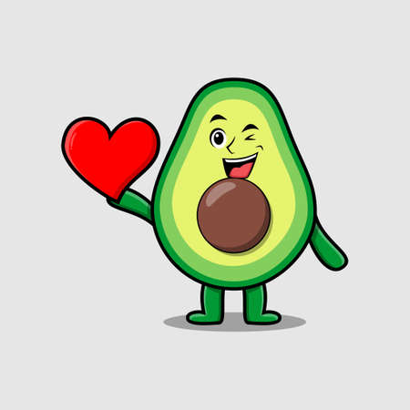 Cute cartoon avocado character holding big red heart in modern style designのイラスト素材