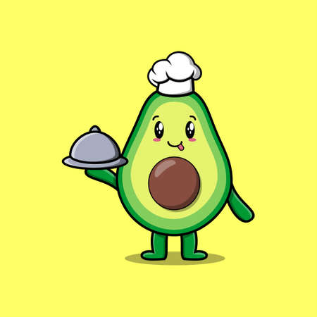Cute Cartoon chef avocado mascot character serving food on tray cute style designのイラスト素材